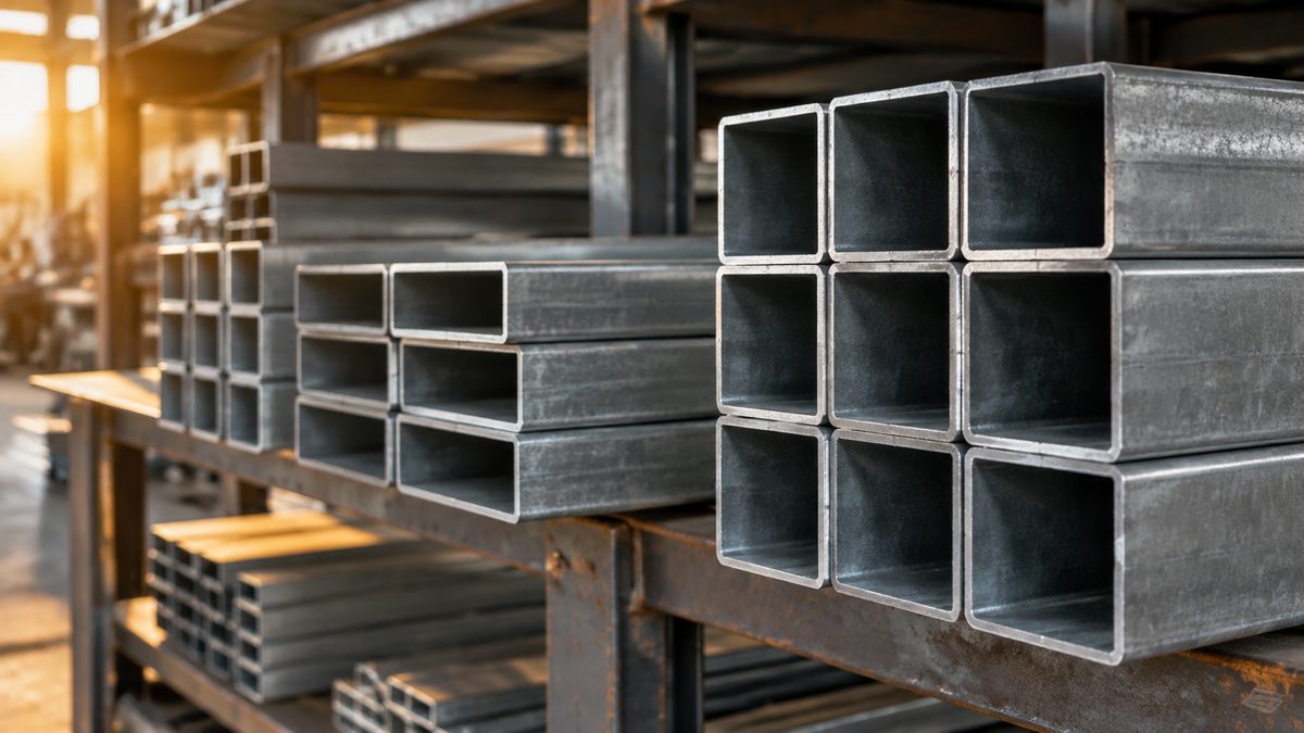 Square aluminum and galvanized tubes stacked in a fabrication shop rack